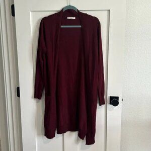 Cherish Women's Size M Open Front Longline Cardigan Sweater Maroon Red Ribbed